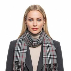 CLASSIC CHECK WOOL SCARF CASHMERE BLEND FRINGED GREY UNISEX